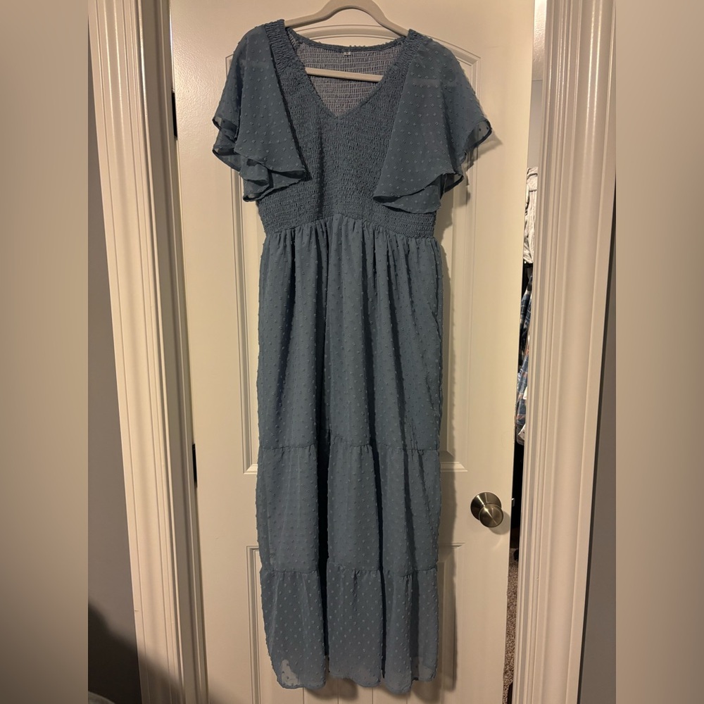 Maternity Blue Swiss Dot Maxi Dress with Smocked Top